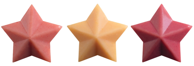 @ Schoko-Frucht-Dekor Aufleger weiß  Sterne rosa/pink/gelb 'Erdbeere' 'Himbeere' 'Mango' (252 Stk) 